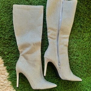 NWT Silver Rhinestone Knee High Boots